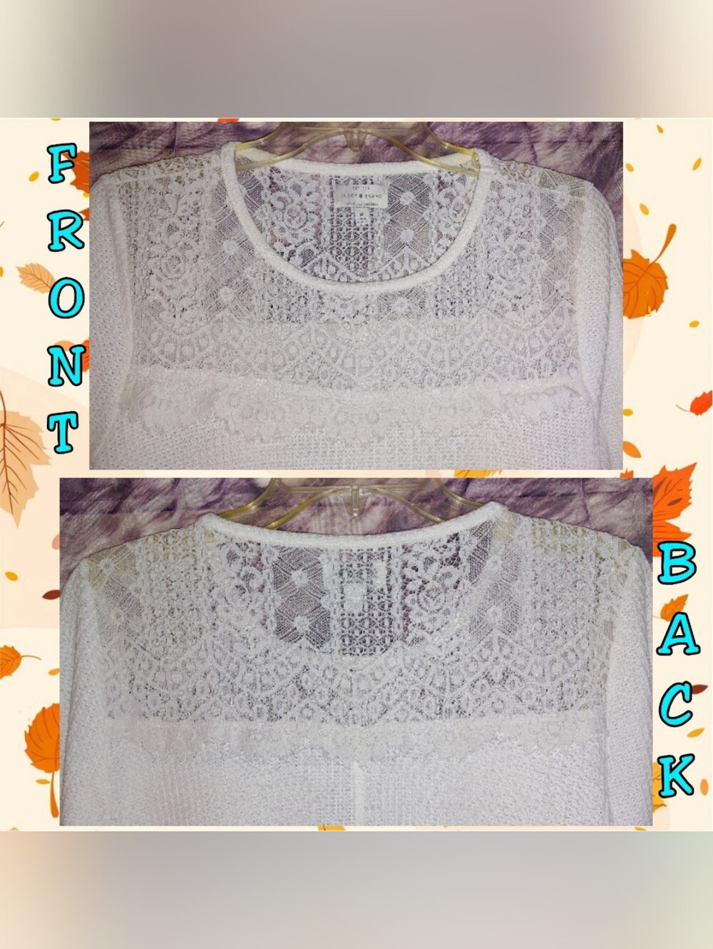 Lucky Brand brand Ivory L/S Soft Waffle Knit Hi-Lo Top w/Sheer Lace Yoke Sz Med - Picture 3 of 9